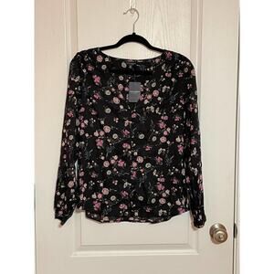Lucky Brand Printed Button Blouse Black Floral S #38